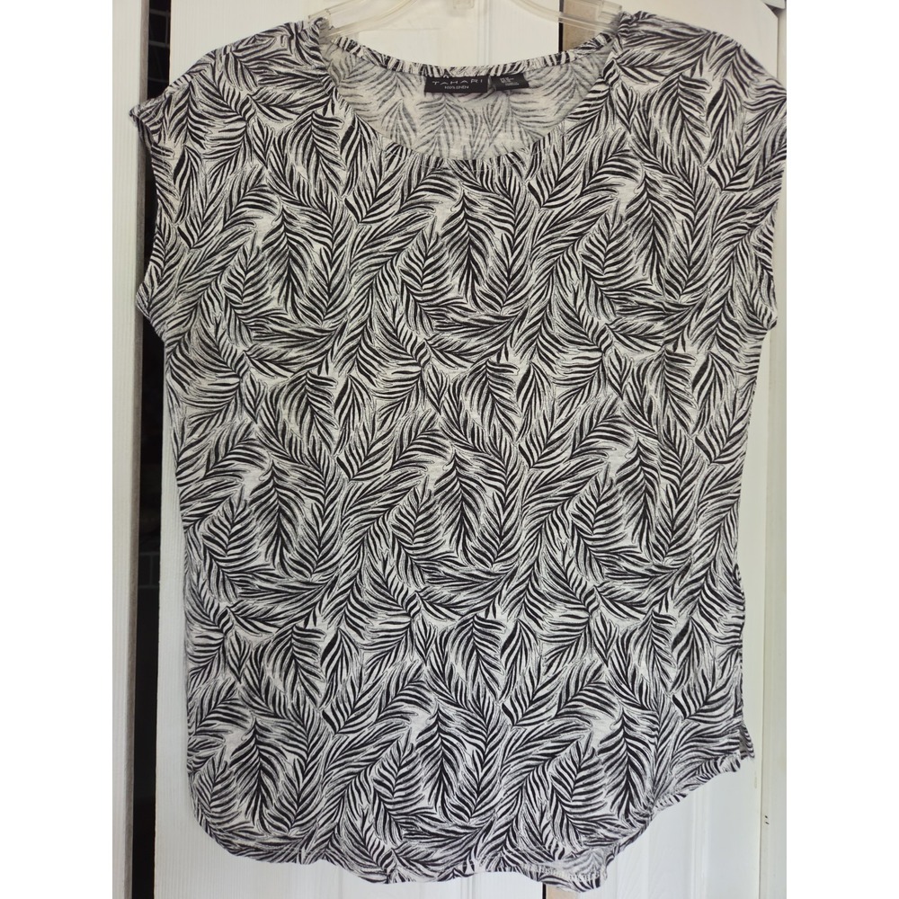Tahari Linen Floral Top M Black White Lightweight‎ Summer Casual Chic